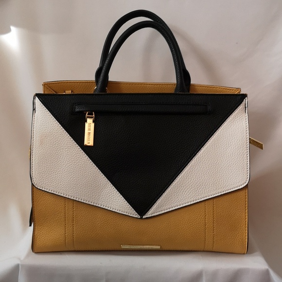 Exceptional NWT Steve Madden Briefcase Style Purse Yellow Black White w/ Strap - Picture 1 of 8
